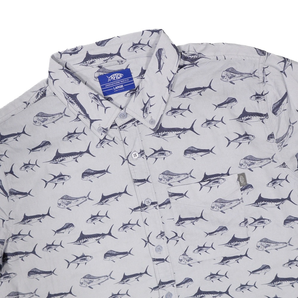 AFTCO Men's L Blue Fish Print Boat Bar Woven Short Sleeve‎ Button Down Shirt